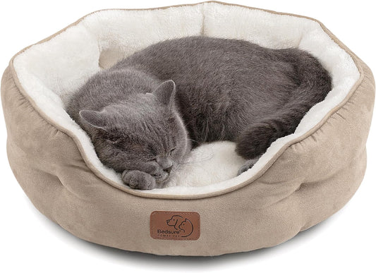 Dog Beds for Small Dogs - round Cat Beds for Indoor Cats, Washable Pet Bed for Puppy and Kitten with Slip-Resistant Bottom, 20 Inches, Taupe